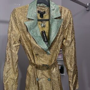 Duro Olowu Gold Brocade Trench Coat with Mint Trim